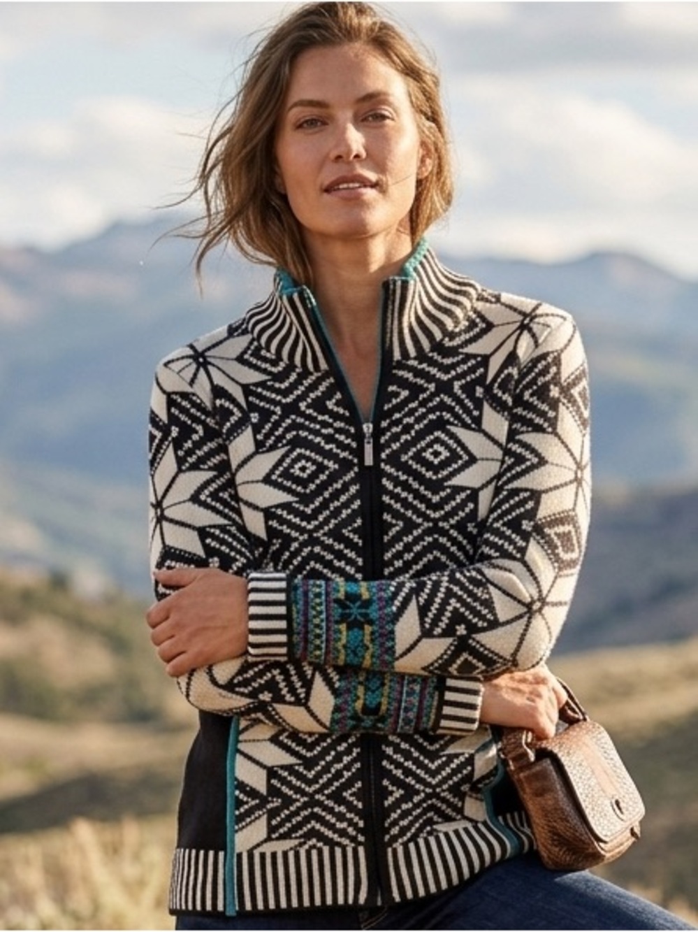 Icelandic Design Sz L Black White Wool Blend Cardigan Sweater Pockets Fair Isle - Picture 1 of 8